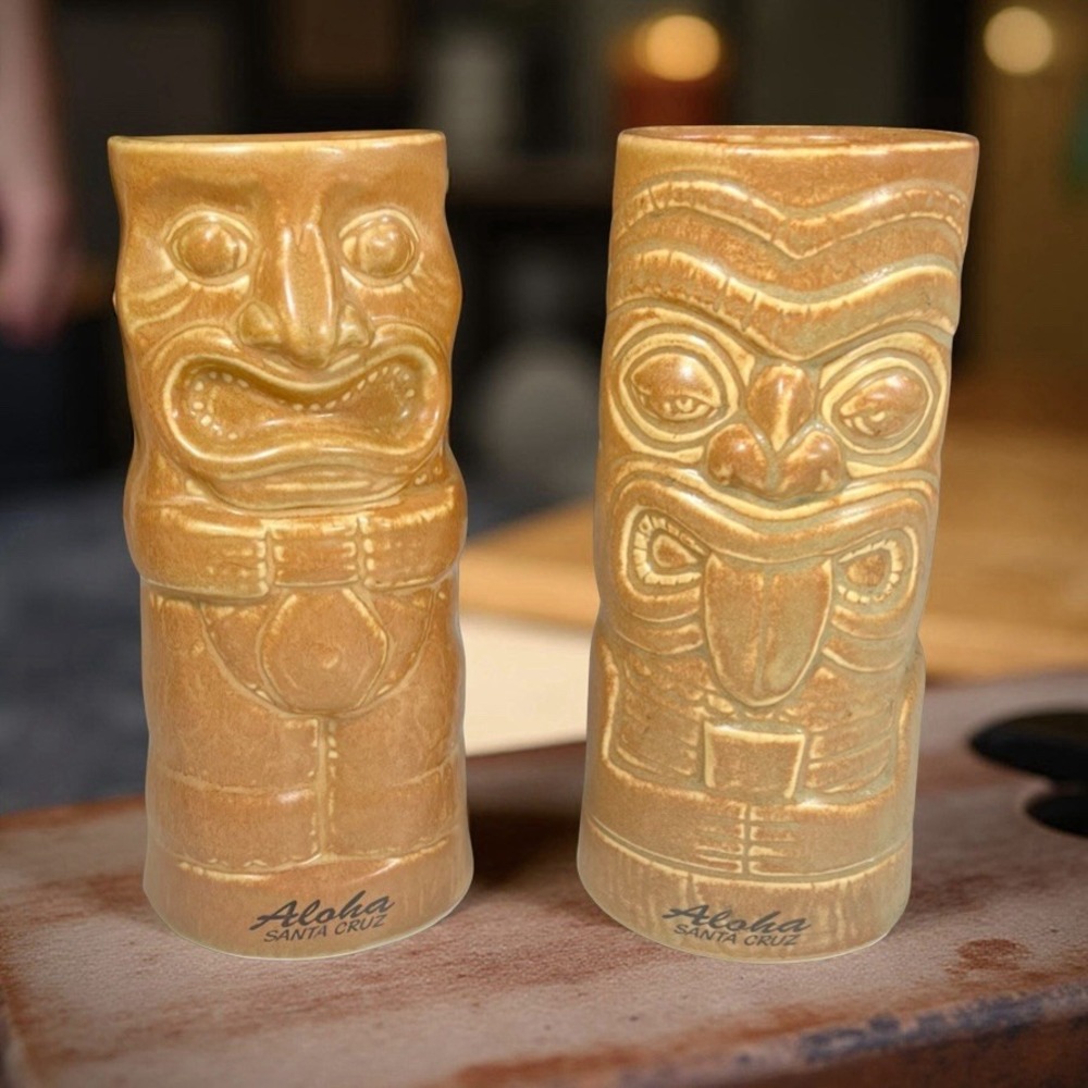 Chiki Tiki Ceramic Mugs Aloha Santa Cruz CA Brown 6" Polynesian Hawaii Set of‎ 2
